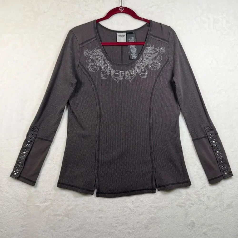 Harley Davidson Womens L Gray Waffle Knit Long Sleeve Graphic Studded Top